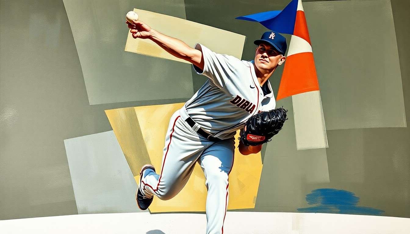 A cubist-style painting depicting a baseball pitcher's delivery motion broken down into sharp, overlapping geometric shapes and planes, conveying the fragmented nature of the Brewers' injury concerns.