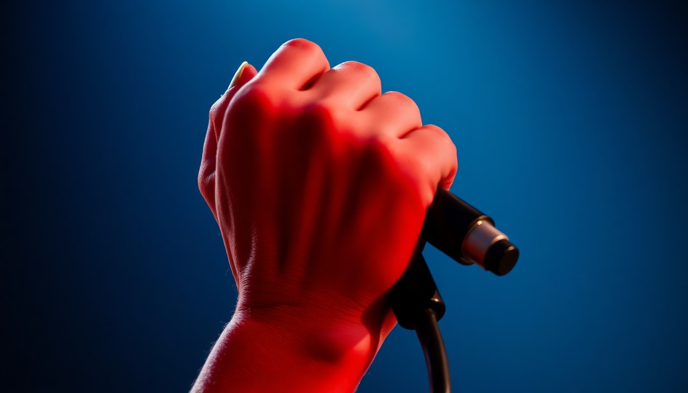 An extreme close-up photograph of Florence Welch's hand gripping a microphone on stage, the texture of her skin and the metal of the mic stand captured in dramatic, high-contrast lighting to convey the energy and emotion of her live performance.