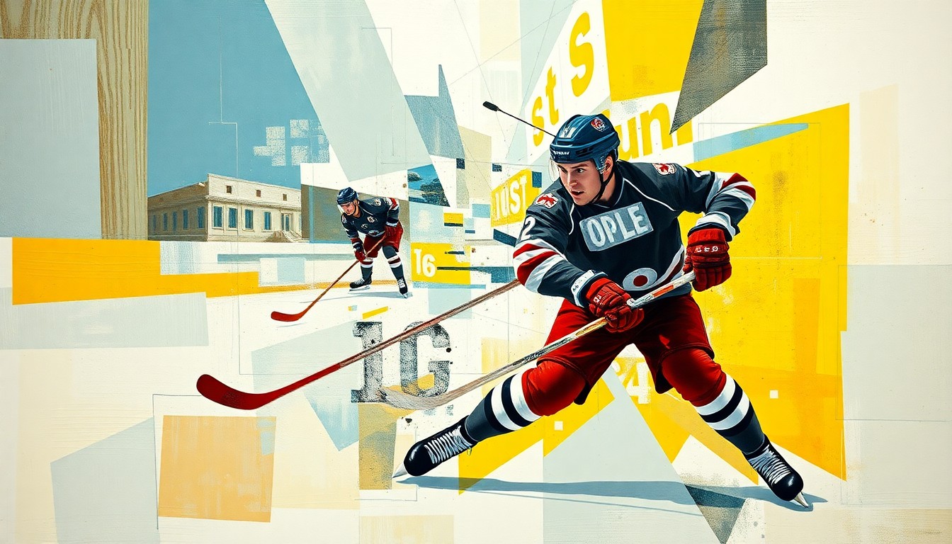 A cubist-style painting featuring overlapping geometric shapes and planes in shades of blue, red, and white, capturing the dynamic movements of a hockey player in an abstract, deconstructed manner.