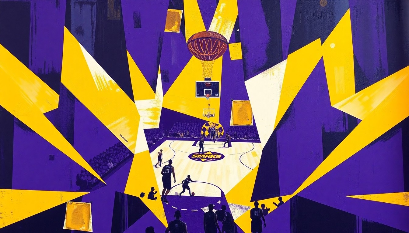 A visually striking abstract painting featuring sharp, angular shapes in the Sparks' team colors, conceptually representing the strategic maneuvering and competitive energy of a WNBA basketball game.