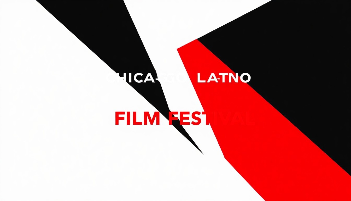 An abstract, minimalist illustration featuring bold, jagged black silhouettes against a bright red background, conceptually representing the diverse global films showcased at the Chicago Latino Film Festival.
