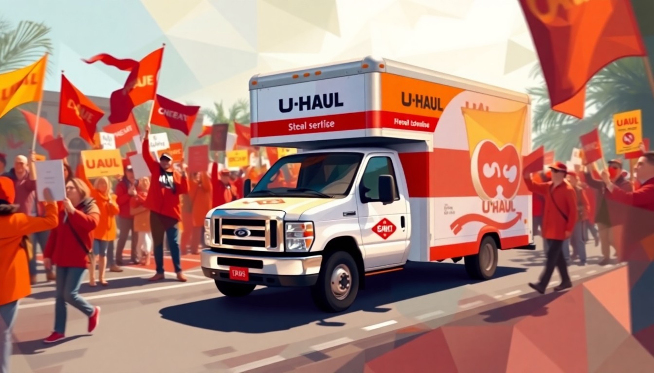 A dynamic, fragmented painting depicting a U-Haul truck surrounded by a crowd of protesters, conveying the chaotic and volatile nature of the incident in Westwood.
