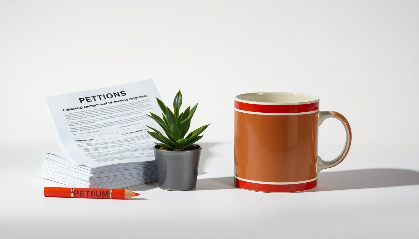 A high-end, photorealistic studio still-life photograph featuring a simple arrangement of premium objects, including a stack of petition papers, a small potted plant, and a classic diner-style coffee mug, placed on a clean, monochromatic background and using dramatic studio lighting to symbolize the tension between commercial development and community preservation.