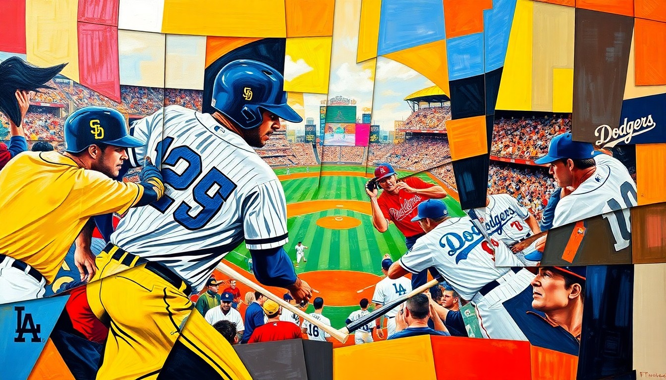 A fractured, geometric painting in vibrant colors representing a baseball game between the San Diego Padres and Los Angeles Dodgers, with the players and field broken down into sharp, overlapping planes that convey the intensity of the rivalry.
