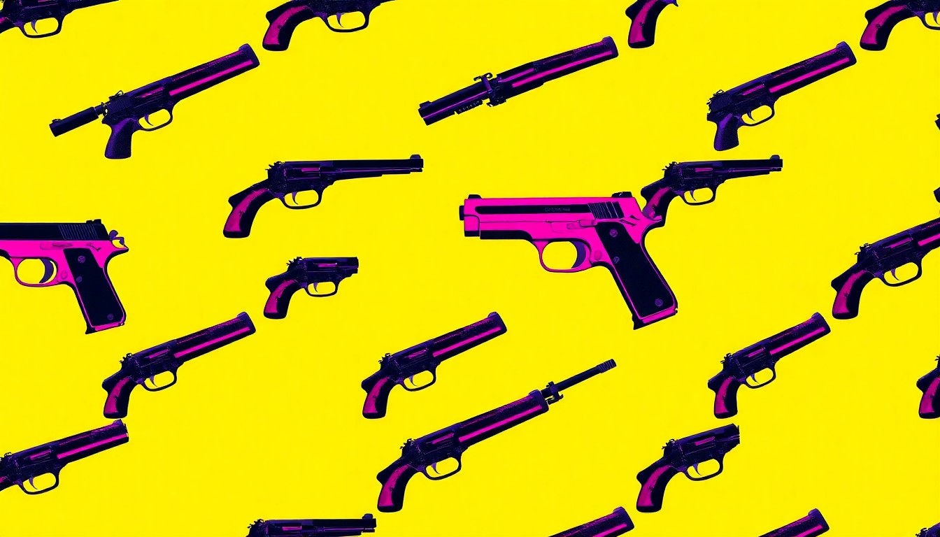 A high-contrast, brightly colored silkscreen print of a single handgun repeated in a grid pattern, conceptually representing the new firearms business opening in Mattoon.