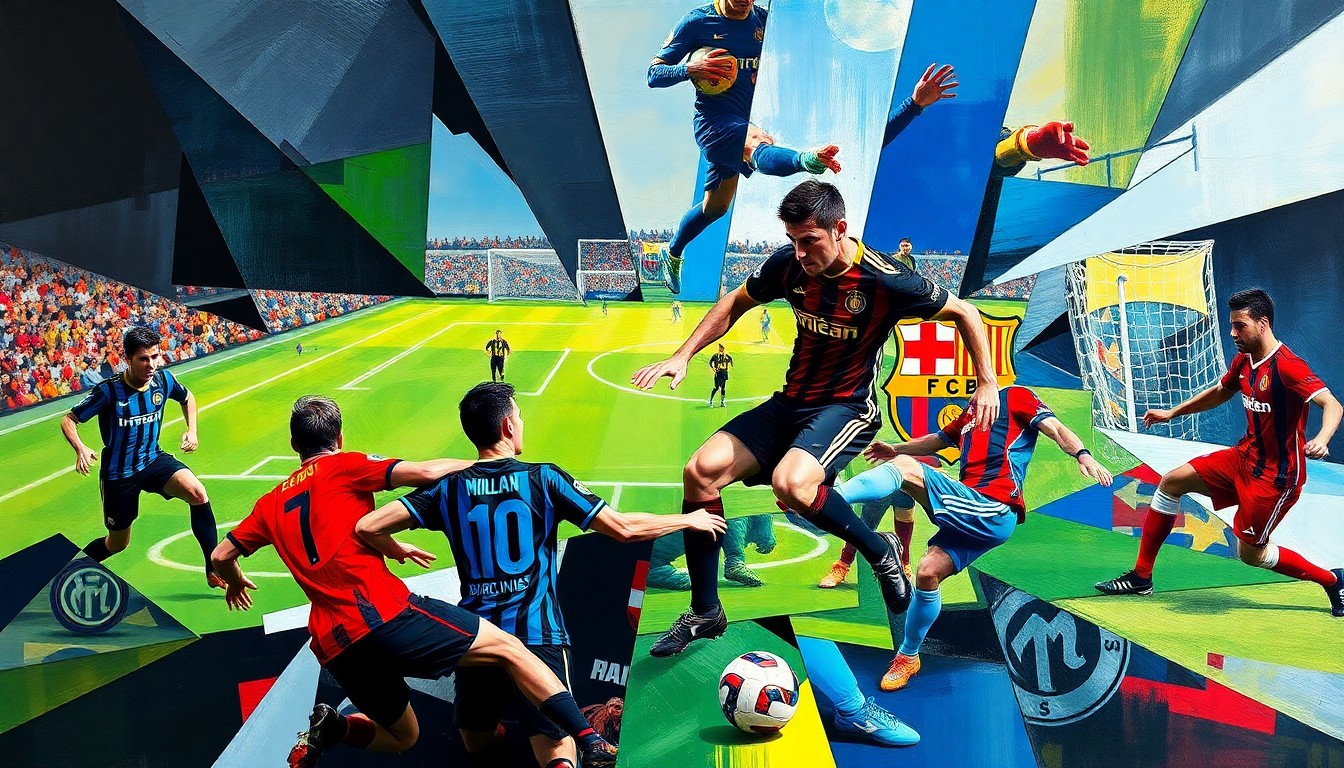 A dynamic, abstract painting depicting the intense competition and movement of a soccer match between Inter Milan and Barcelona, with the players' forms broken down into sharp, overlapping geometric shapes and planes in the team's official colors.