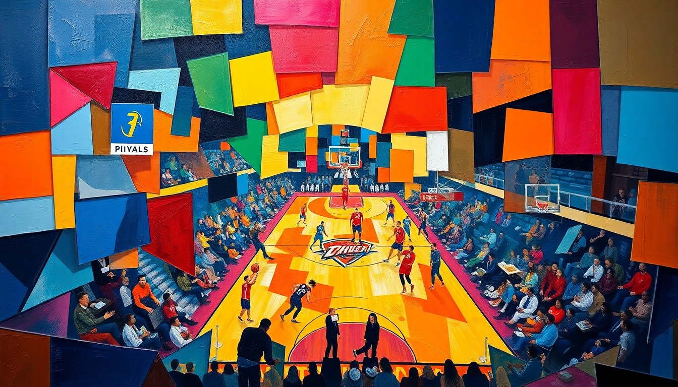 A cubist, geometric painting depicting a basketball game or match, with sharp, overlapping planes of color representing the Thunder's team colors and the fractured, multi-perspective nature of the sport.