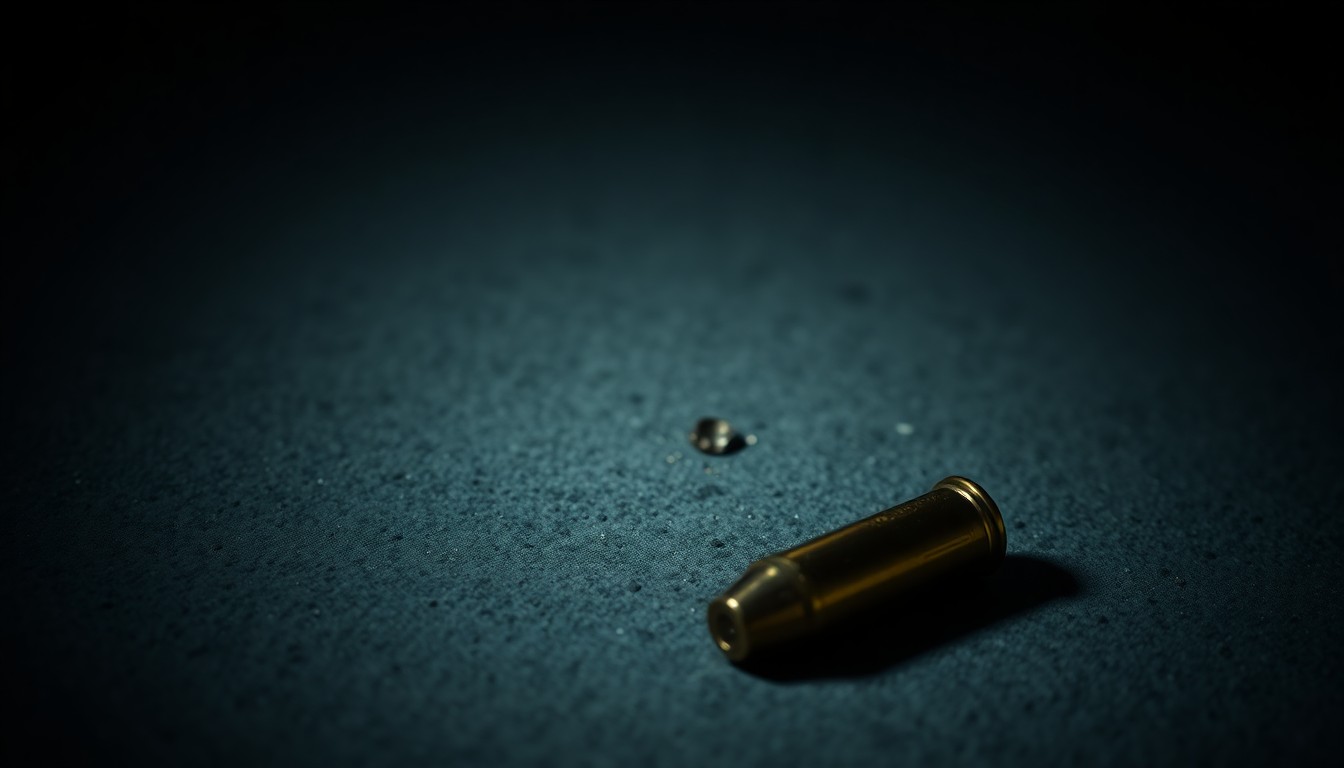 An extreme close-up photograph of a single spent bullet casing on a dark concrete surface, lit by a harsh, direct camera flash, conceptually representing the aftermath of a street-level shooting incident.