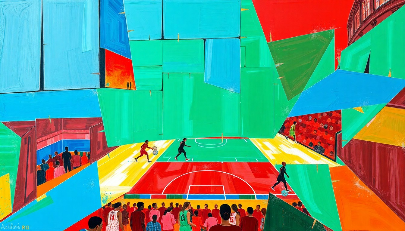 A fractured, cubist-style painting depicting the dynamic movements and energy of a WNBA basketball game, with players' forms broken down into overlapping geometric shapes in a vibrant color palette.