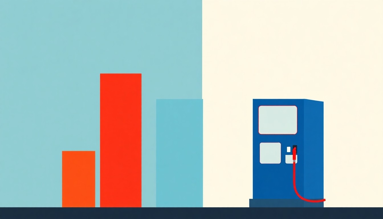 A minimalist, abstract illustration using bold geometric shapes and primary colors to conceptually represent the economic impact of rising gas prices on New Yorkers.
