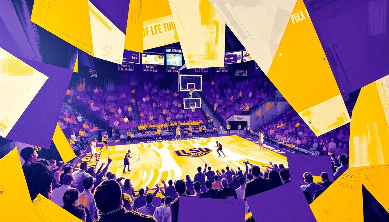 A cubist, geometric painting depicting the dynamic movements and energy of a women's basketball game, with sharp planes of purple and gold representing the LSU Tigers.