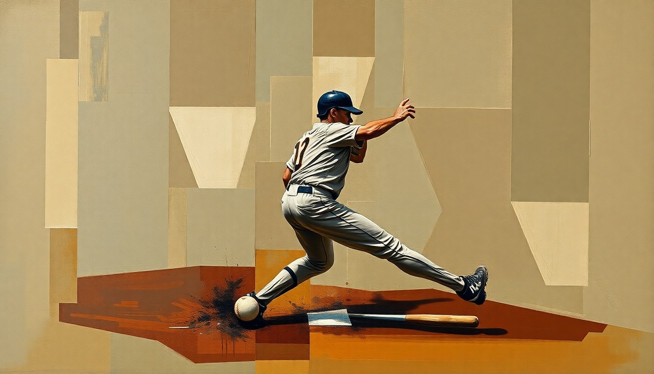 A fragmented, geometric painting depicting a baseball player in motion, their form broken down into sharp, overlapping planes in muted earth tones, conveying the confusion and frustration around the star player's uncharacteristic defensive mistakes.