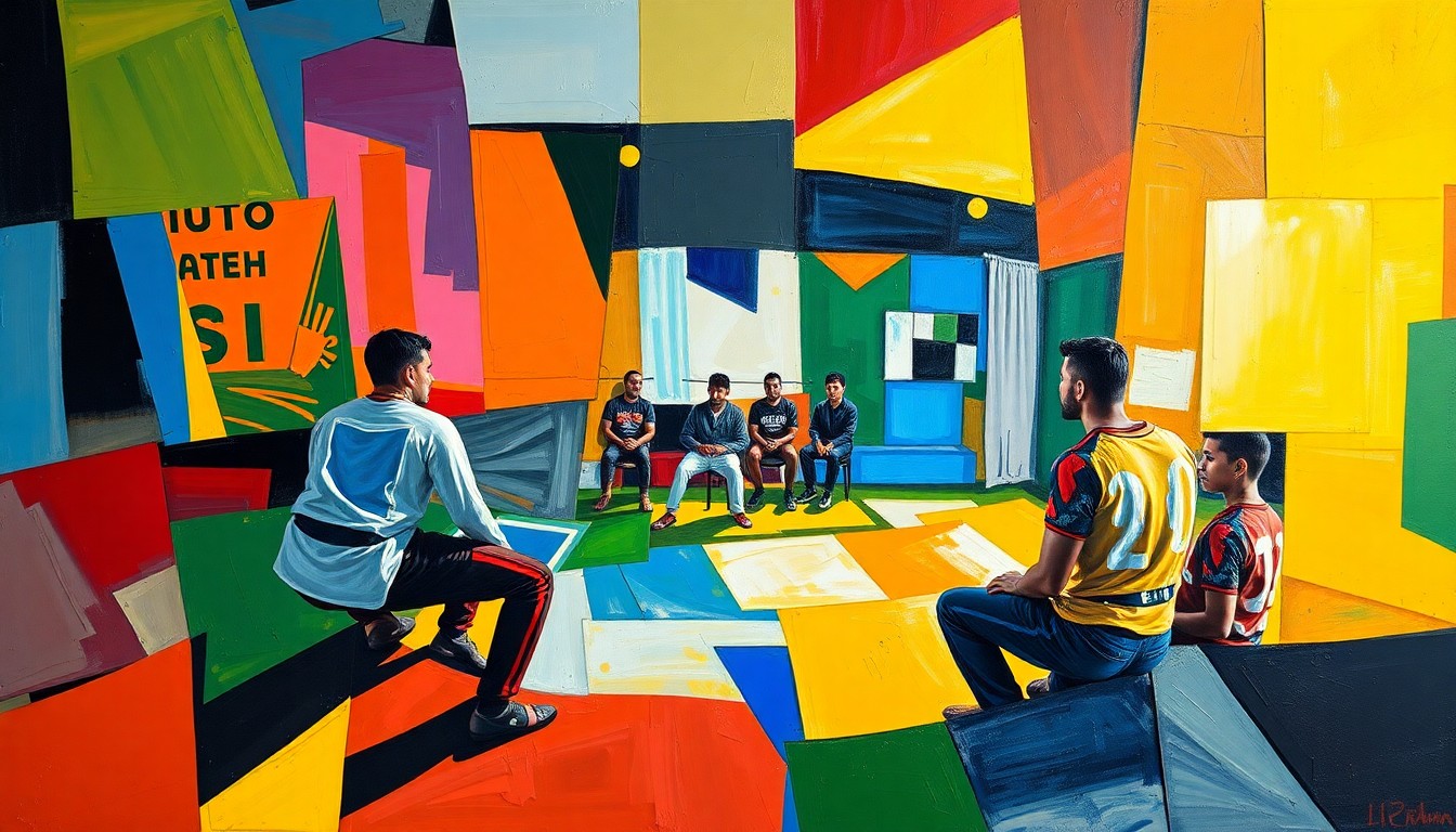 A fragmented, geometric painting depicting a youth mentorship or jiu-jitsu training session, with overlapping planes of bright colors and abstract shapes representing the positive impact of Pereira's charitable initiatives.