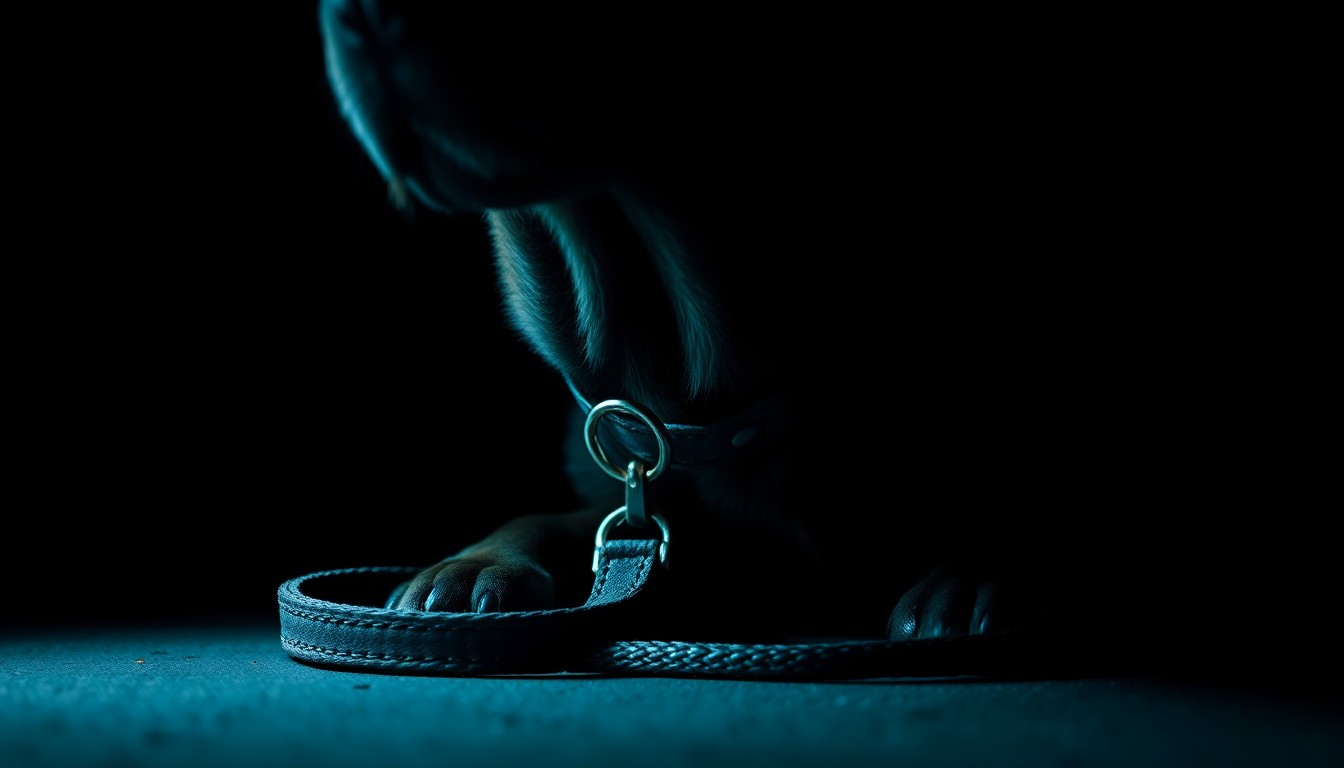 An extreme close-up of a dog's collar and leash, the harsh lighting casting dramatic shadows and highlighting the worn, weathered texture of the materials, conveying a sense of tension and unease.