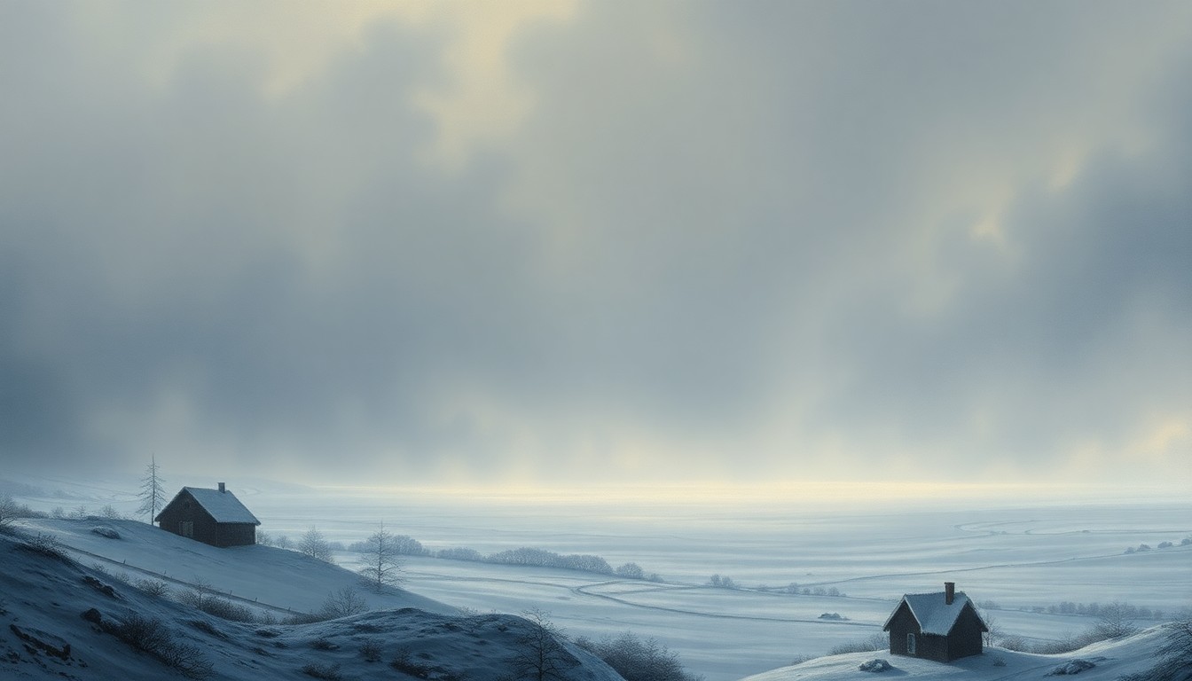 A vast, atmospheric landscape painting in muted tones of gray, white, and blue, depicting a massive, swirling blizzard that dwarfs any visible structures or objects, conveying the overwhelming scale and sublime force of the extreme weather event.