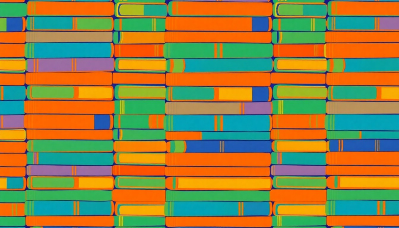 A bold, colorful silkscreen-style illustration featuring a repeating grid of stylized college textbooks in bright, neon-like hues, conceptually representing the diverse academic interests of today's Auburn University students.