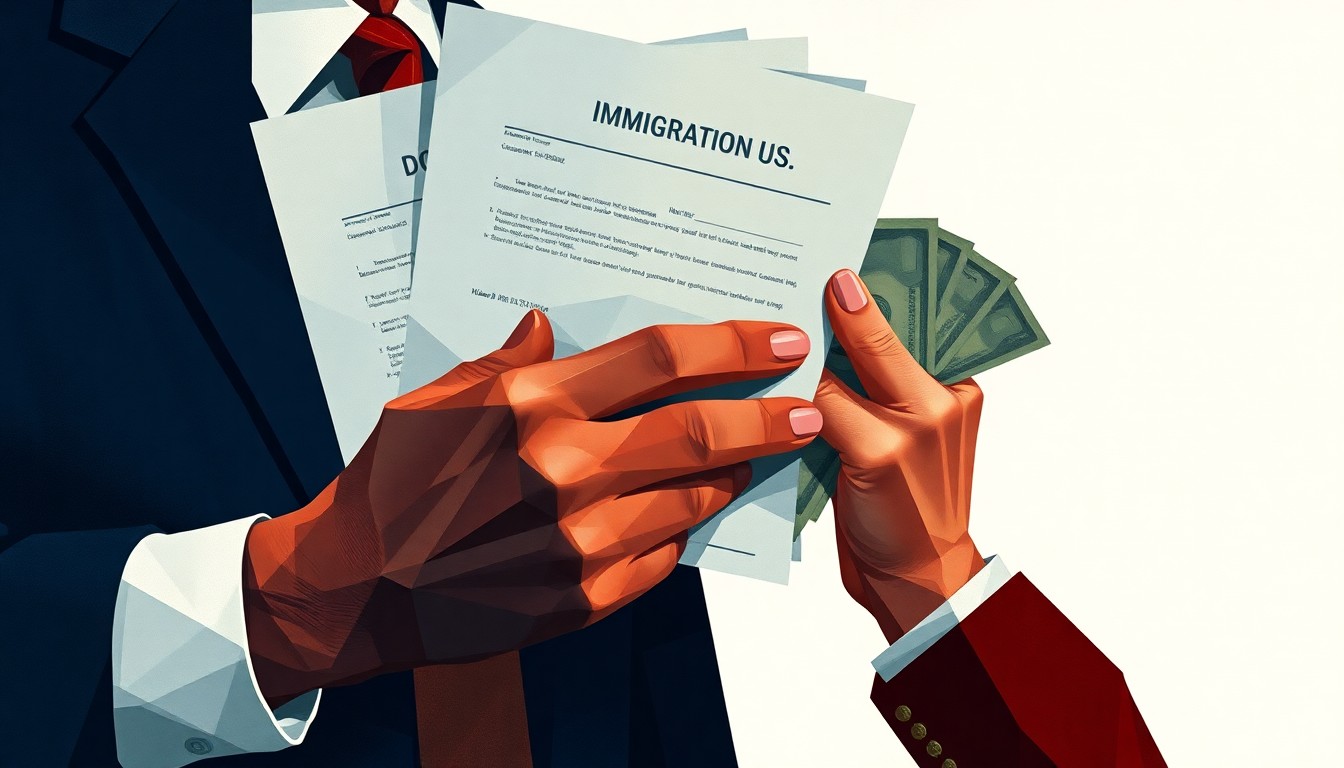 A conceptual illustration featuring overlapping, fractured geometric shapes in shades of blue, grey, and red, depicting a politician's hand holding immigration documents and clutching a wad of cash, conveying the complex issues surrounding the allegations against the politician.