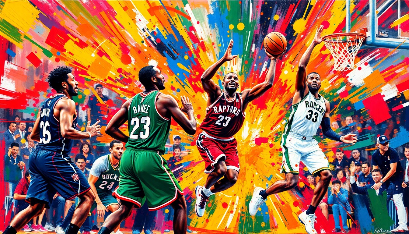 A vibrant, expressionist painting in neon colors capturing the raw energy and fast-paced action of a basketball game, with players' figures dissolving into unrecognizable splatters of paint.