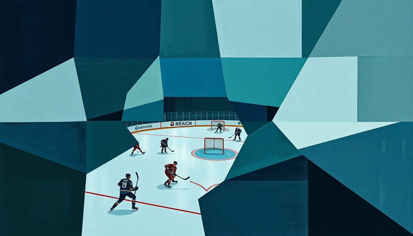 A cubist-style painting featuring overlapping geometric shapes in navy, green, and grey tones, conceptually representing the disjointed and fragmented nature of the Kraken's season.