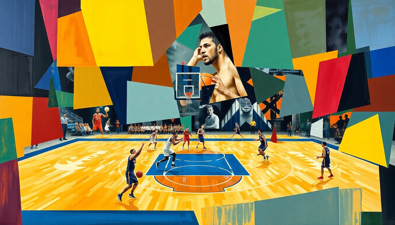 A cubist, geometric painting depicting the dynamic movement and energy of a college basketball game, with players and the court broken down into abstract shapes and planes of color.