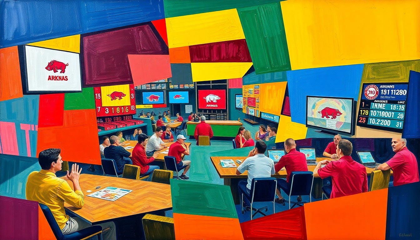A fragmented, geometric painting in bold colors depicting the dynamic world of sports betting, with no recognizable figures or text.