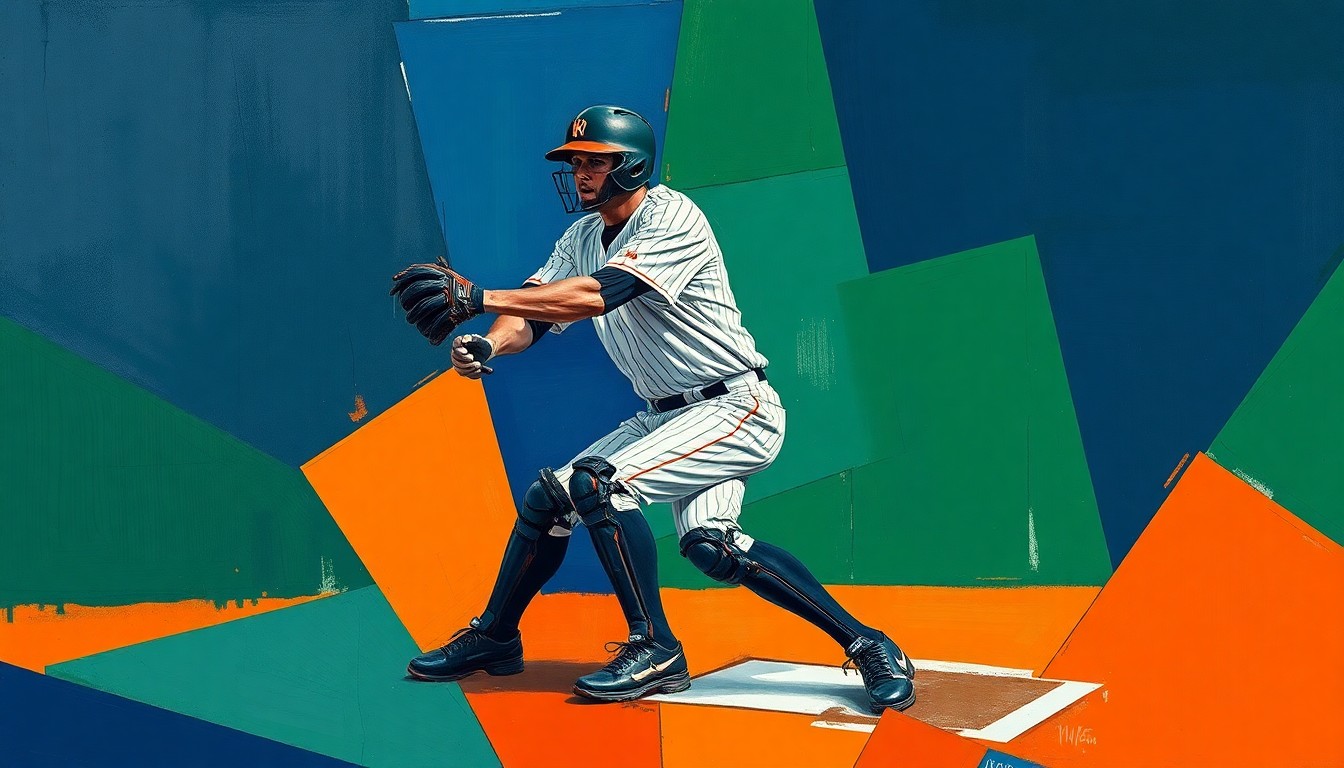 A cubist-style painting depicting a baseball catcher in mid-crouch, with their body broken down into overlapping geometric shapes in shades of navy, green, and orange, conveying the fragmented nature of the injury and its impact on the team.