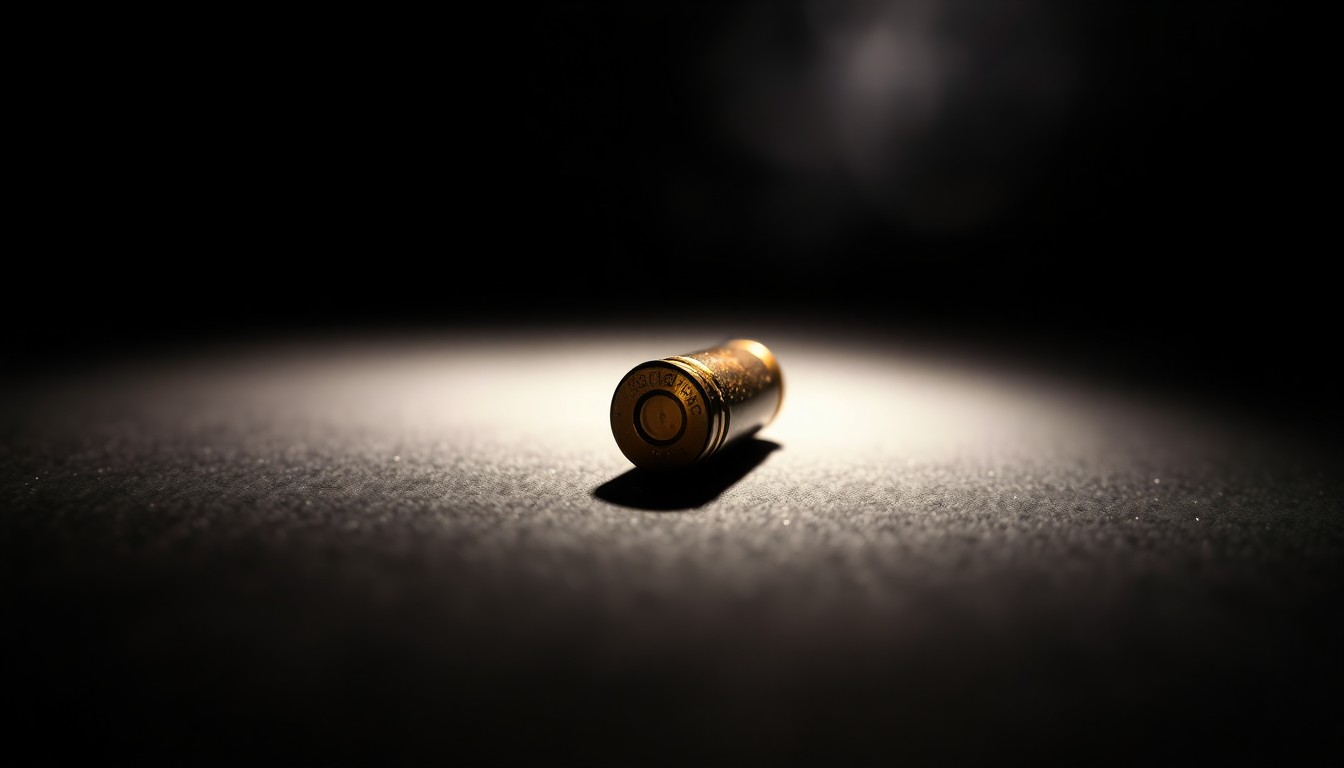 An extreme close-up photograph of a single spent bullet casing on a dark surface, lit by a harsh camera flash, conceptually representing the tragic loss of a young life to gun violence.