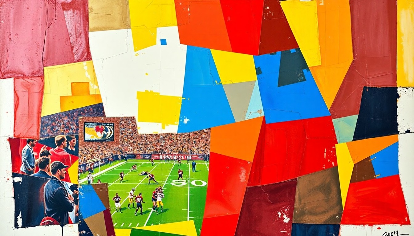 A cubist-style painting depicting a fragmented, geometric interpretation of a football game or NFL Draft scene, using bold colors and sharp, overlapping shapes to convey the dynamic and strategic nature of the Chiefs' potential trade-up scenarios.