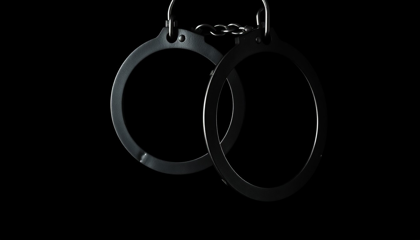 An extreme close-up photograph of a pair of metal handcuffs against a black background, lit by a harsh, direct camera flash, conveying a stark, gritty, and investigative aesthetic.