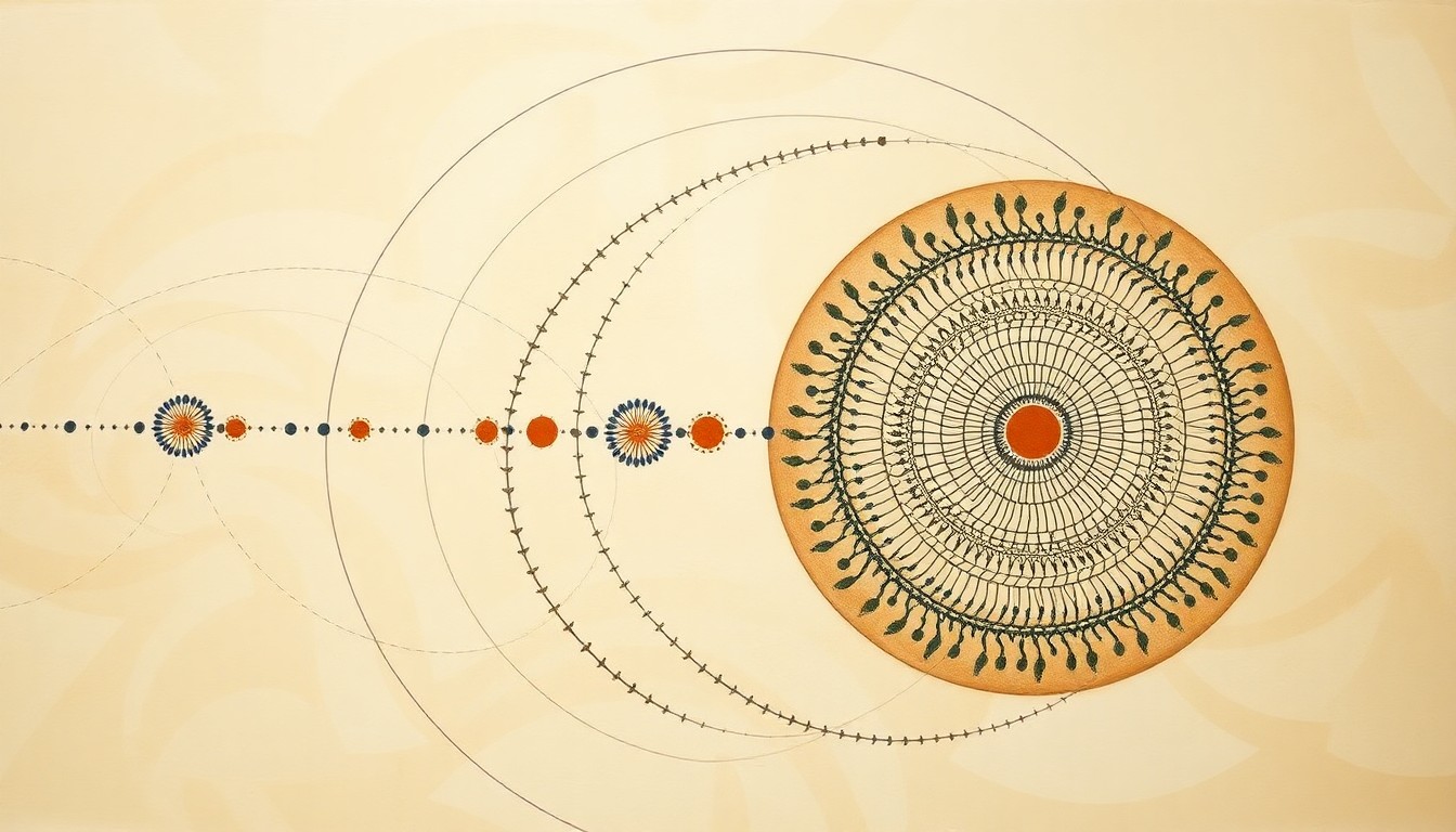 A bold, abstract painting in soft earth tones featuring sweeping geometric arcs, concentric circles, and precise botanical spirals, visualizing the complex process of epigenetic gene editing without the use of text or diagrams.