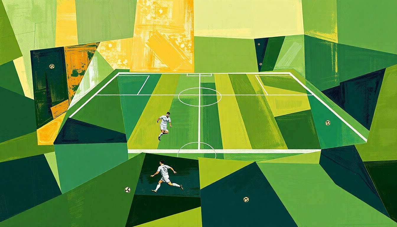 A cubist, geometric painting depicting a football game or match, with the players and field broken down into abstract shapes and planes of green, gold, and navy blue.