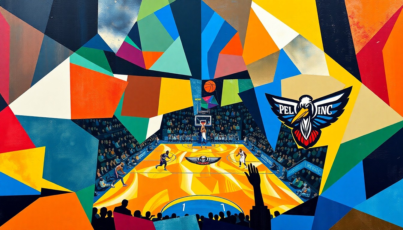 A fragmented, geometric painting depicting a basketball game between the Orlando Magic and New Orleans Pelicans, with sharp, overlapping shapes and planes in the teams' official colors, capturing the dynamic energy and competitive spirit of the contest.