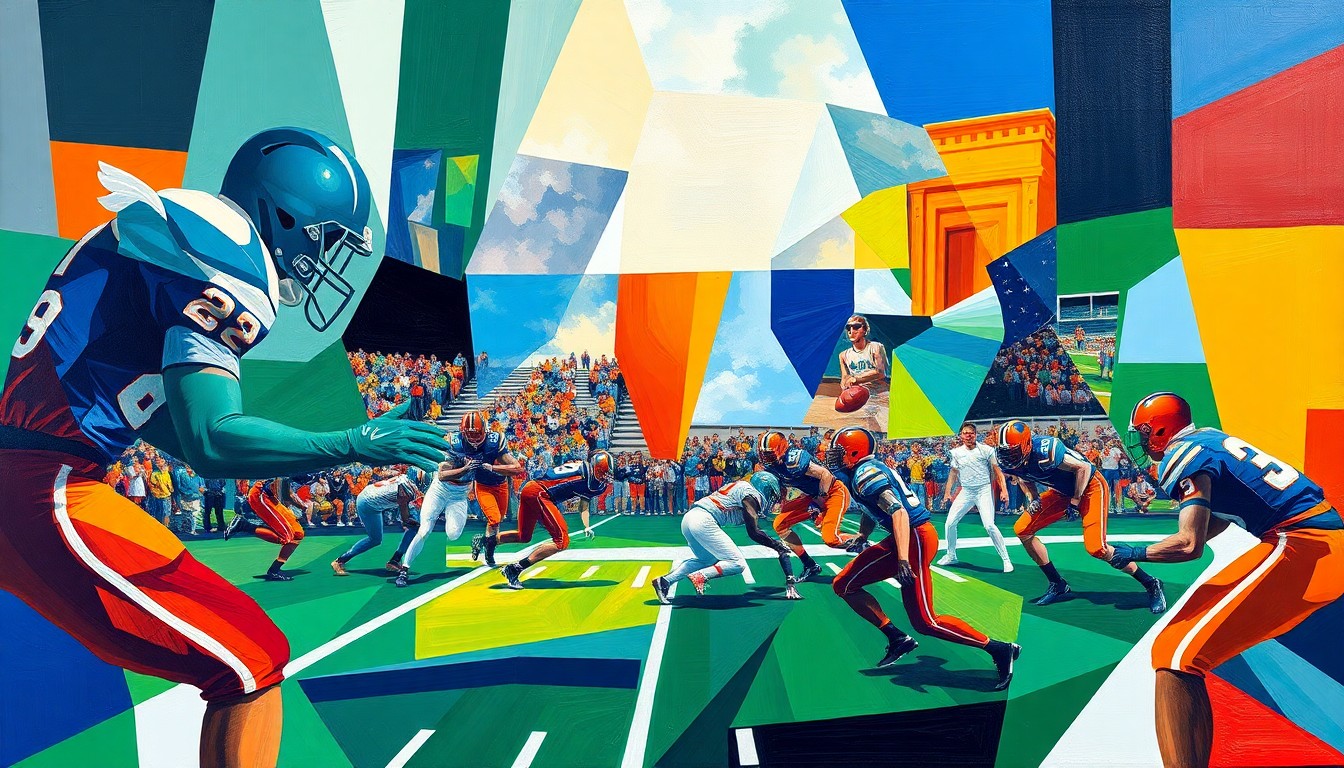 A cubist, geometric painting depicting the action and energy of a high school football game, with overlapping shapes and planes in the team colors of Grimsley High School and their opponents.