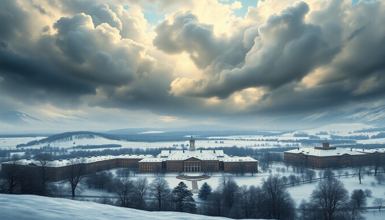 A vast, atmospheric landscape painting depicting a snow-covered Baylor University campus under a dramatic, cloudy sky, conveying the overwhelming power of the winter storm.