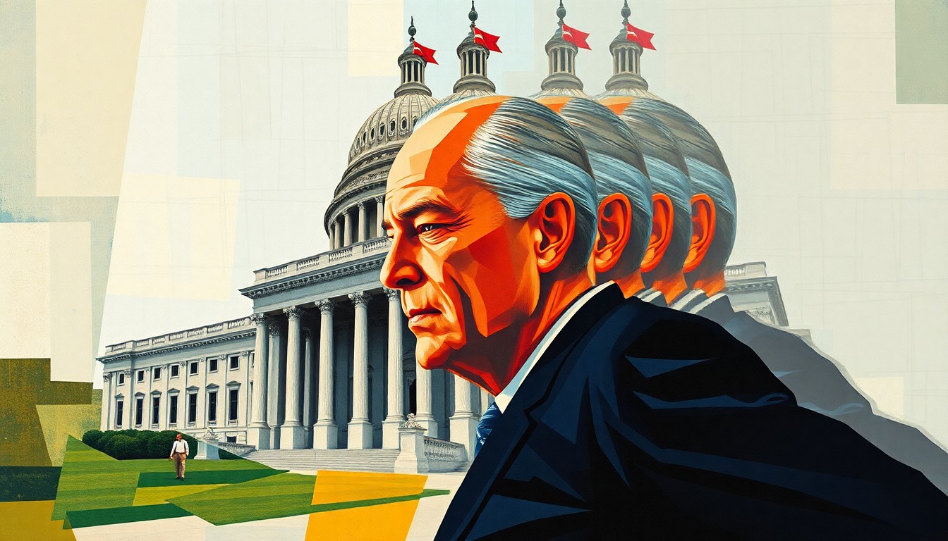 A dynamic, abstract painting featuring overlapping, fractured shapes and geometric patterns in shades of blue, grey, and red, conceptually representing the complex political dynamics between the UK, US, and Ukraine.