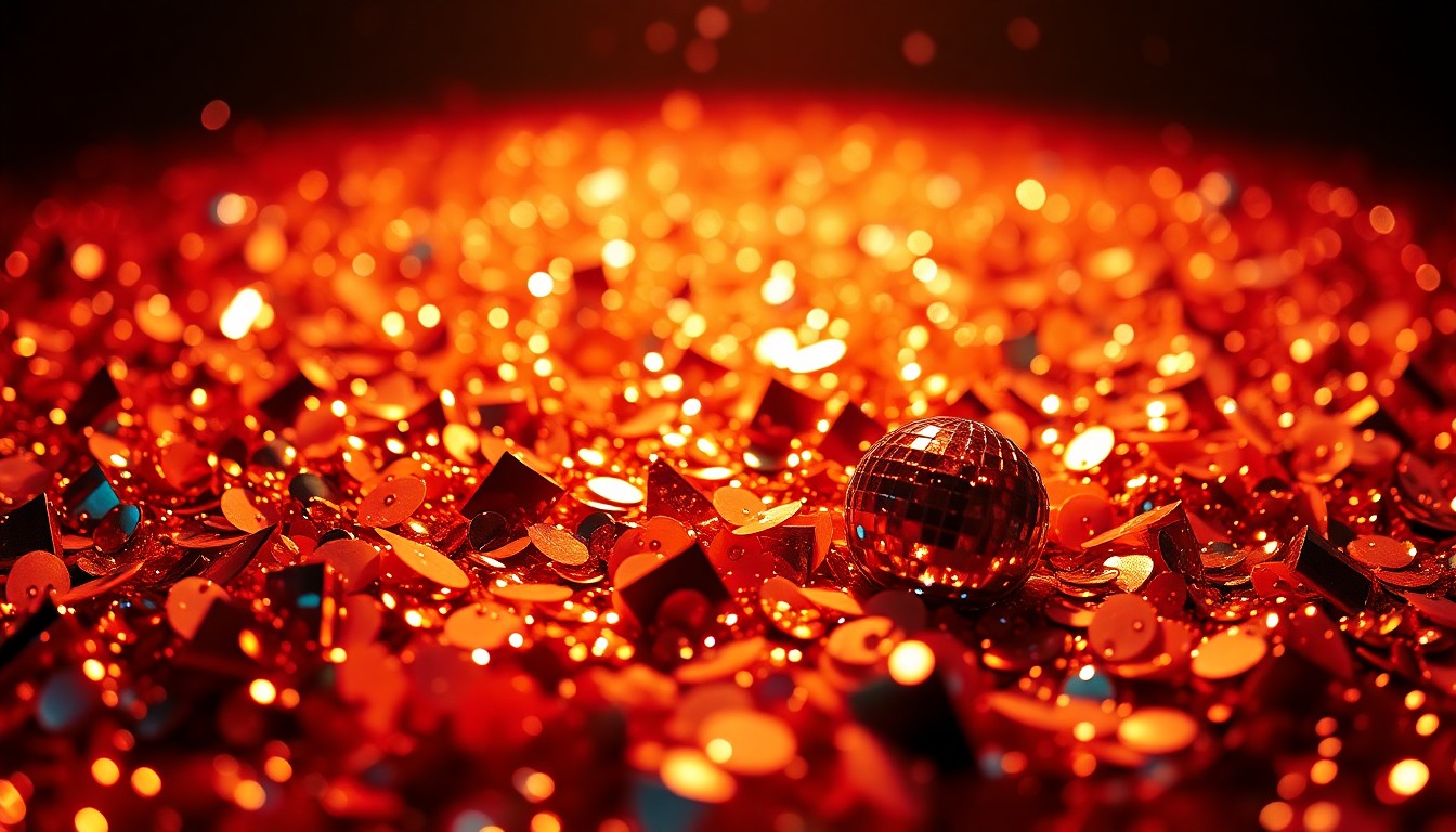 An abstract close-up image of shimmering, high-contrast sequins and disco ball fragments, evoking the glitz and energy of a music festival.