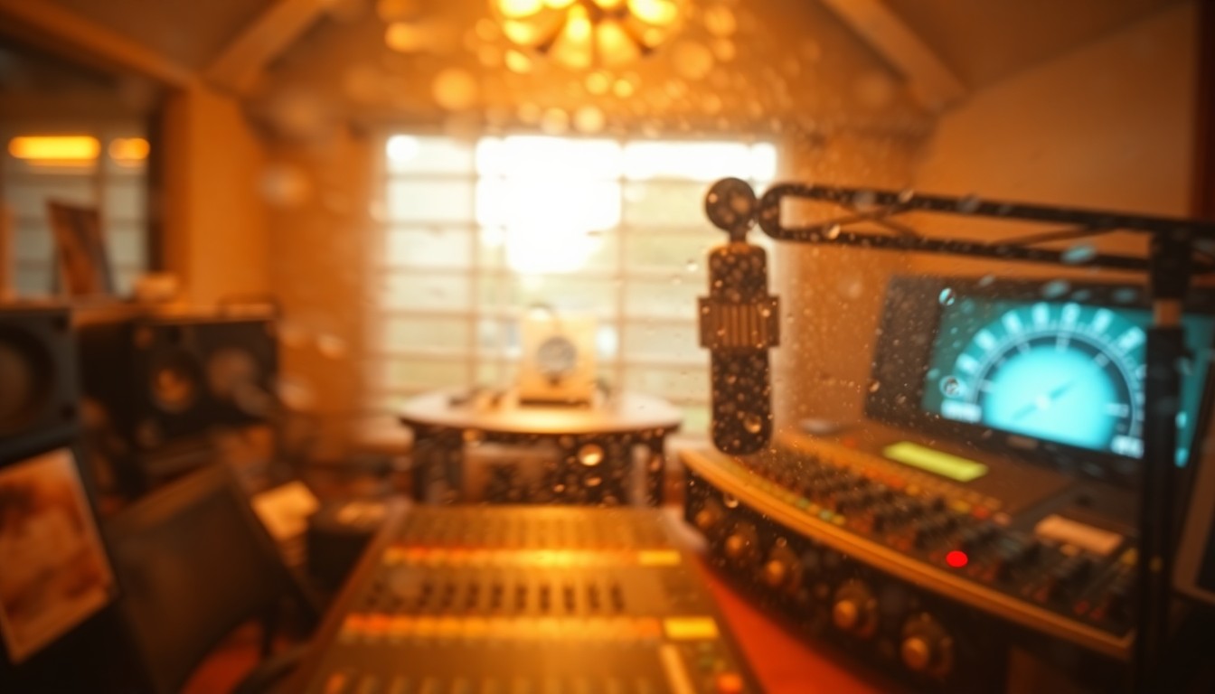 An abstract, impressionistic photograph of a radio studio microphone and mixing board, captured through a hazy, out-of-focus lens, conveying the warm, personal nature of Orion Samuelson's influential farm broadcasting career.