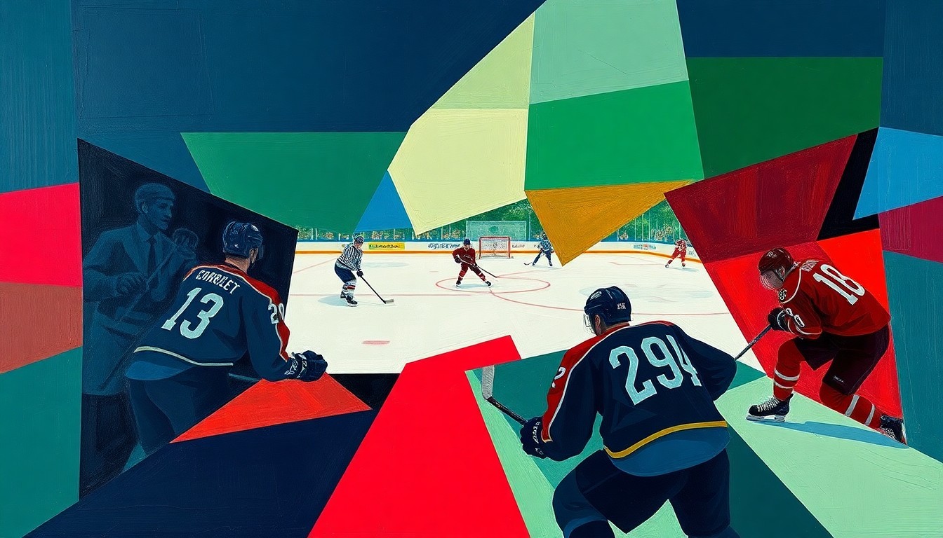 A fragmented, geometric painting depicting the dynamic action of a hockey game, with sharp planes of navy, green, and red intersecting to create a sense of movement and intensity.