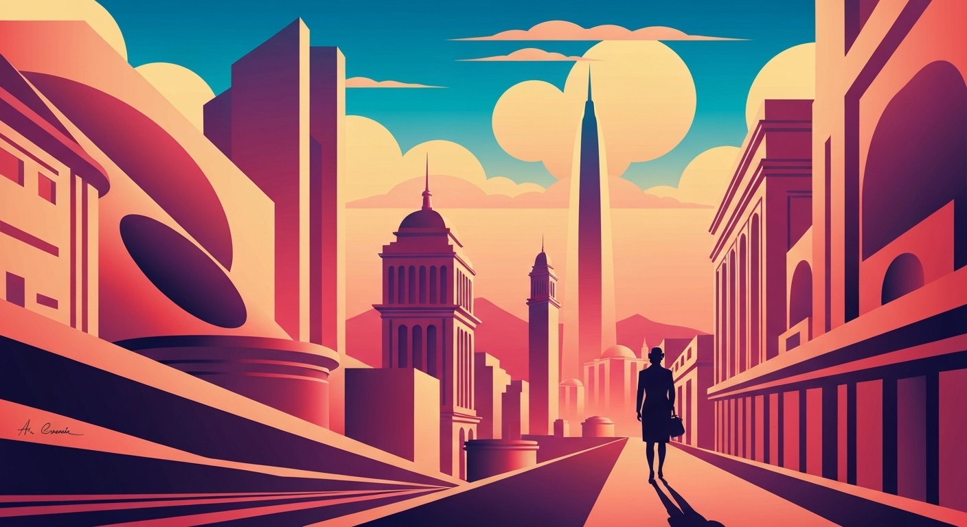 A highly stylized, geometric illustration in the Art Deco style, featuring sweeping gradients of warm sunset colors and towering, streamlined architectural forms, conveying the grand scale and romance of long-distance travel.