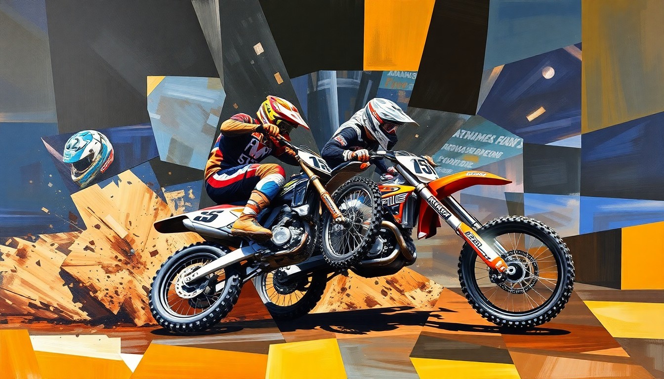 A fractured, multi-perspective painting in a cubist style, depicting the high-speed collision between two Supercross racers through sharp, overlapping geometric shapes and planes, conveying the chaos and intensity of the moment.