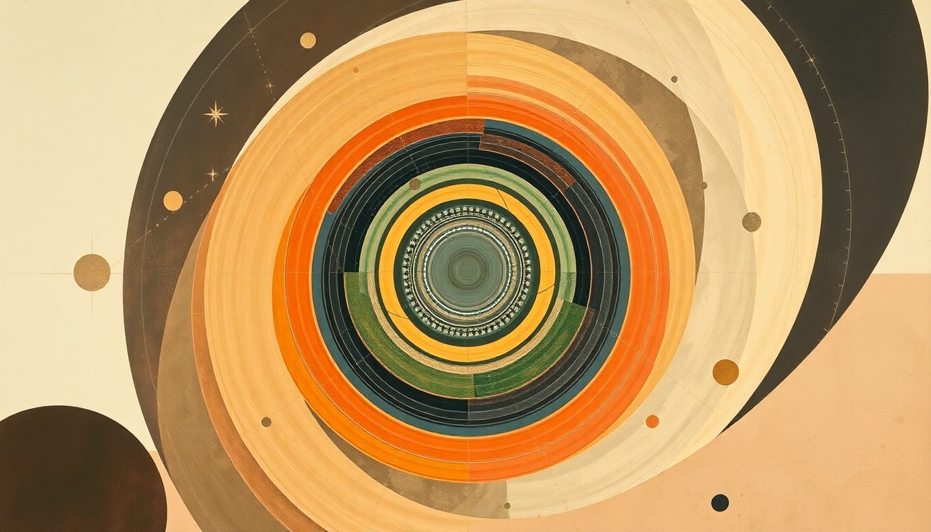 An abstract painting in the style of Hilma af Klint, featuring sweeping geometric shapes, concentric circles, and organic spirals in muted tones, representing the complex forces that influence human lifespan.