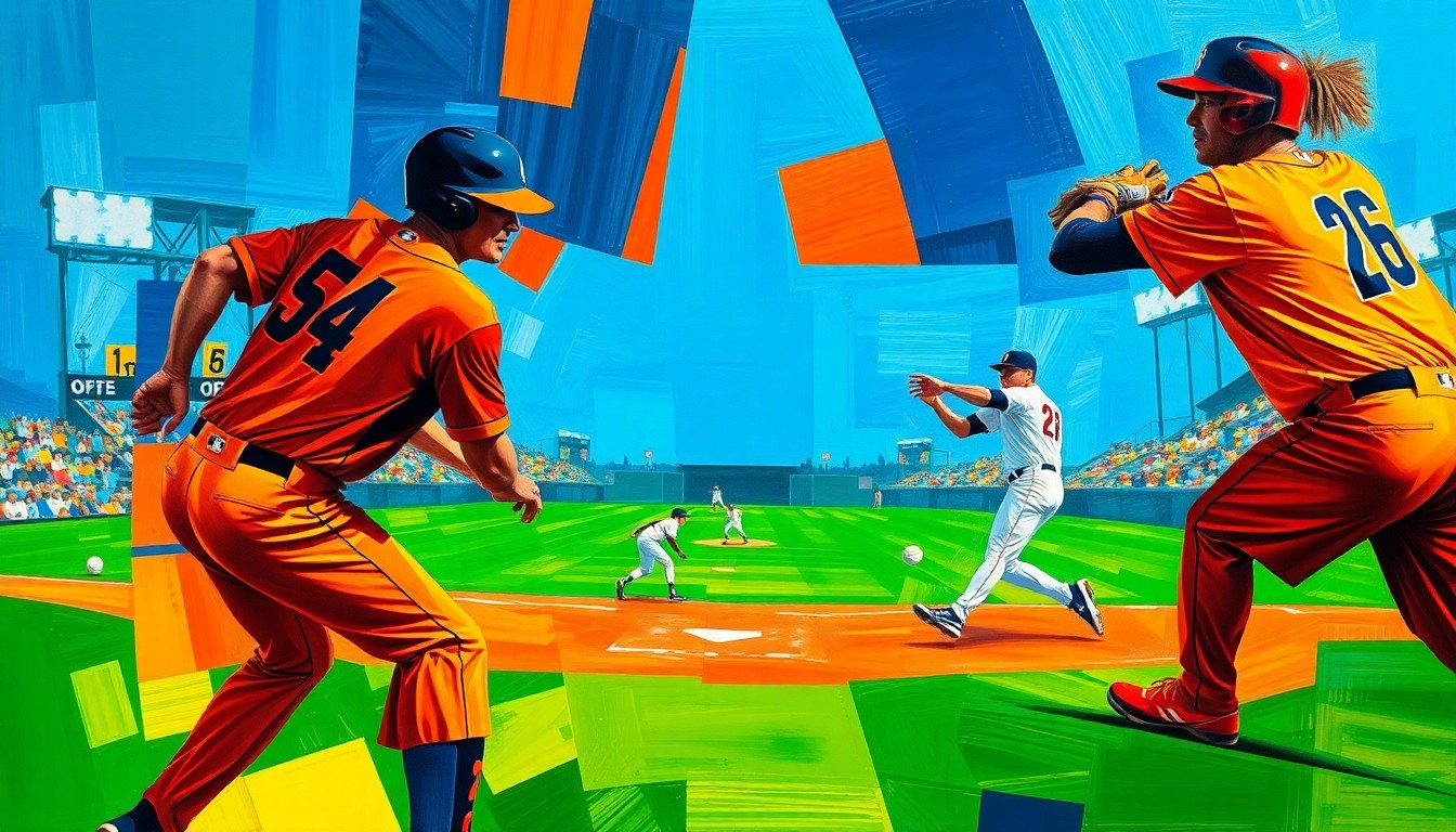 A fragmented, geometric painting in bold colors depicts a baseball player's motion, breaking the action down into overlapping planes and shapes.