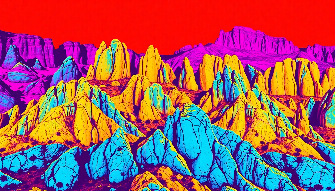 A high-contrast, silkscreen-style illustration featuring a repeating grid of the Granite Dells' distinctive rock formations in a palette of neon greens, blues, and reds, creating a striking, abstract representation of this cherished natural landscape.
