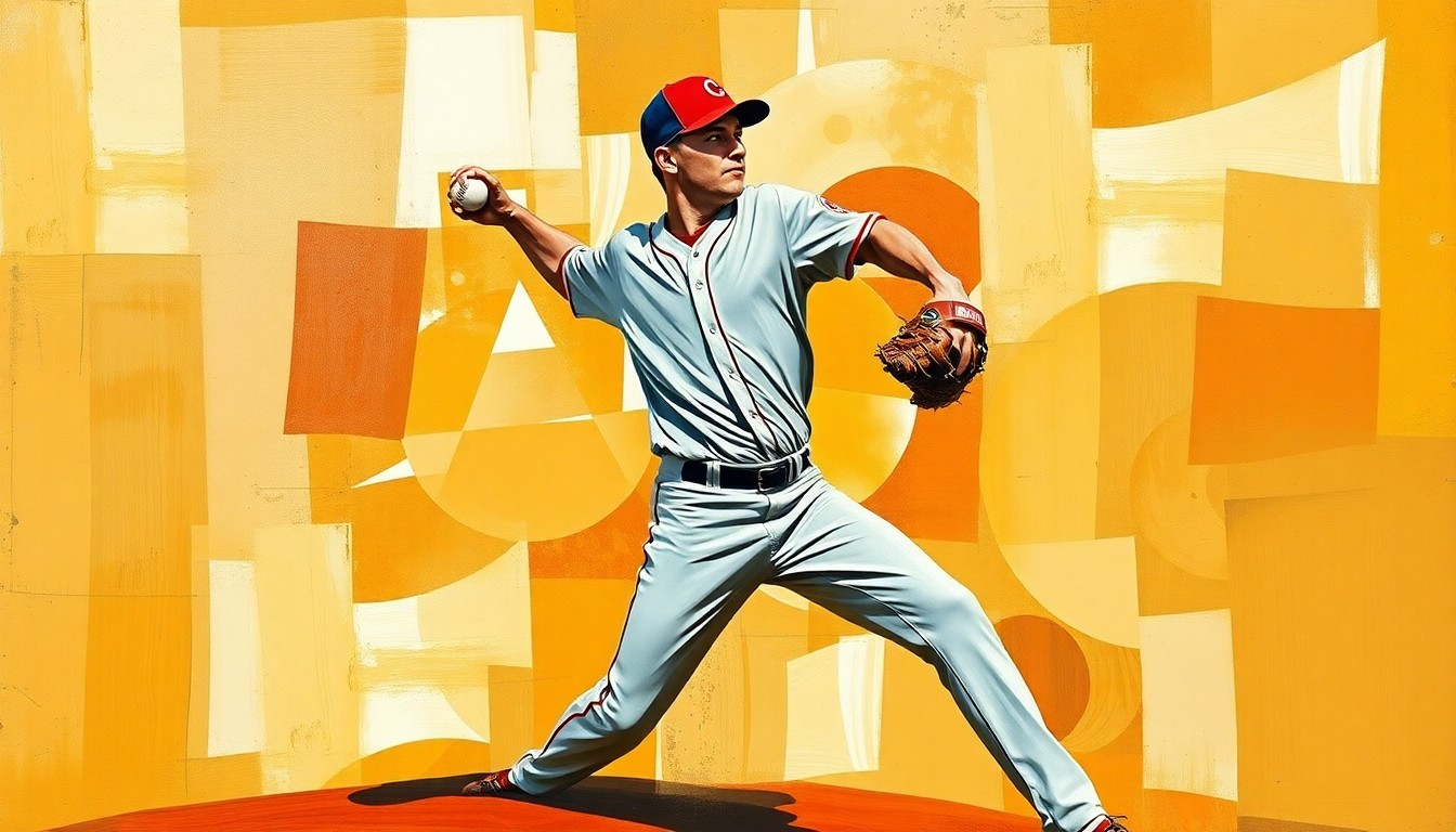 A cubist-style painting depicting a baseball pitcher's delivery broken down into sharp, overlapping geometric shapes and planes, conveying the uncertainty and challenges the Reds face with Greene's injury.