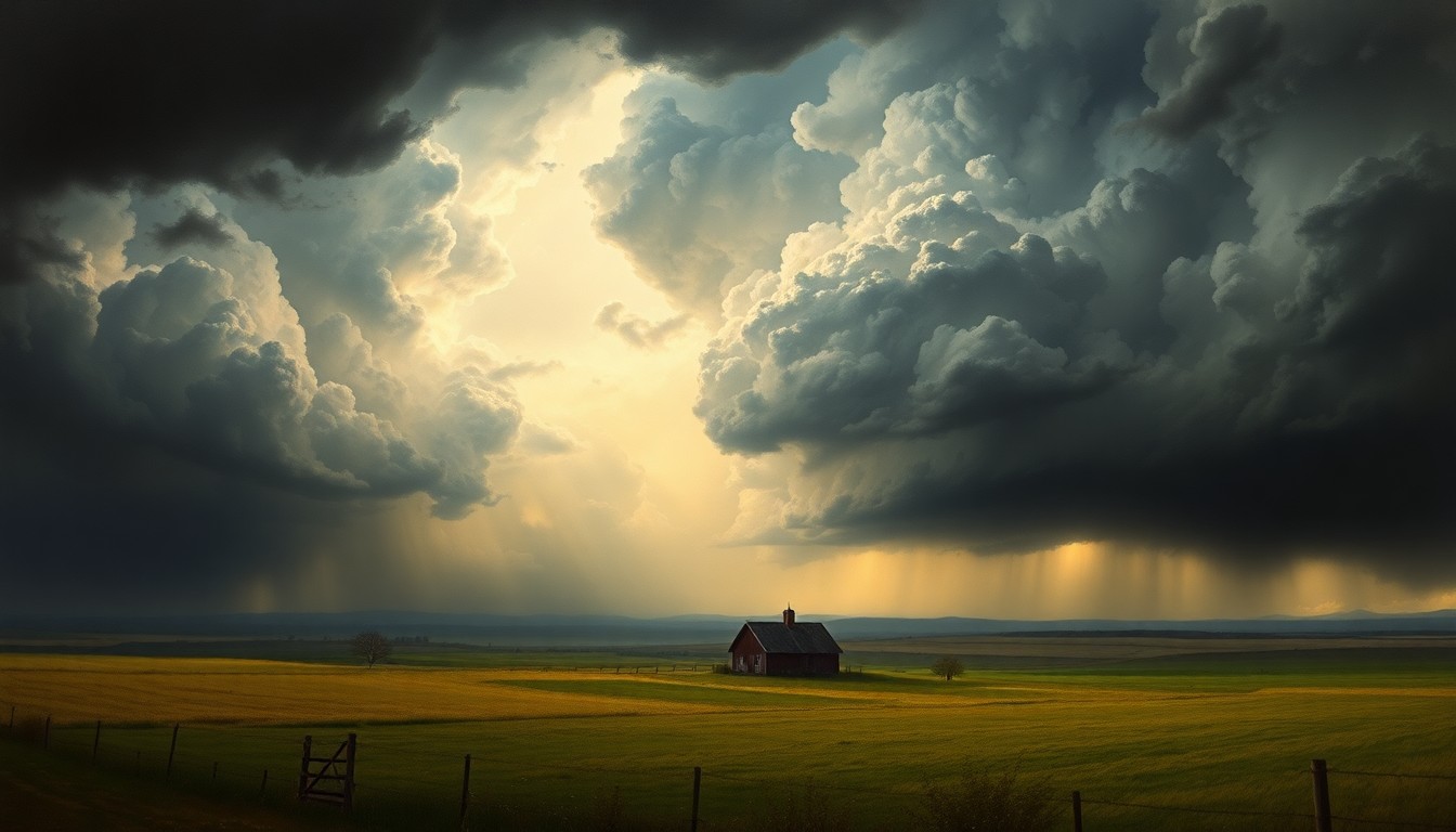 A vast, atmospheric landscape painting depicting a heavy rainstorm sweeping across a rural countryside, with a small farmhouse or barn structure barely visible in the distance, dwarfed by the towering, turbulent clouds and dramatic lighting.