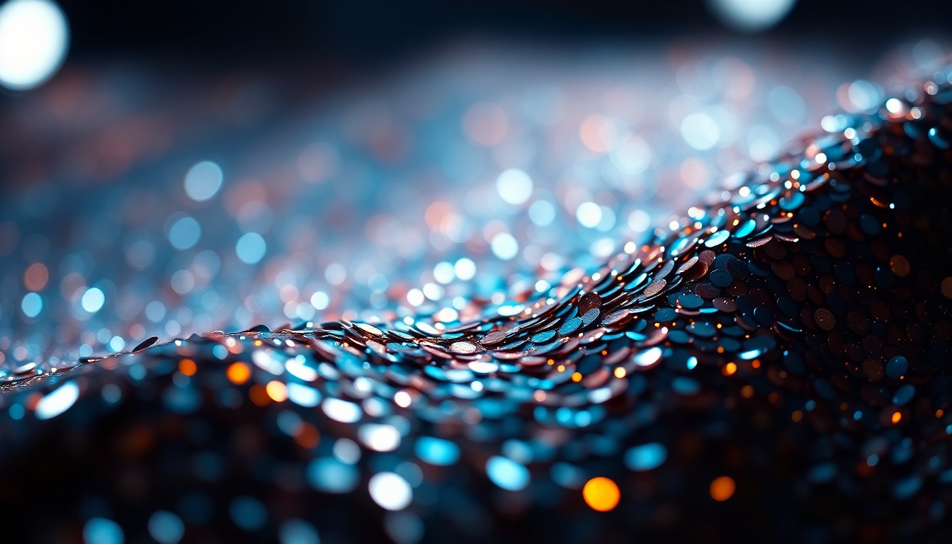 An extreme close-up photograph of shimmering, glittering sequins in a high-contrast, dramatic studio lighting setup, conceptually representing the glamour and luxury of the entertainment industry.