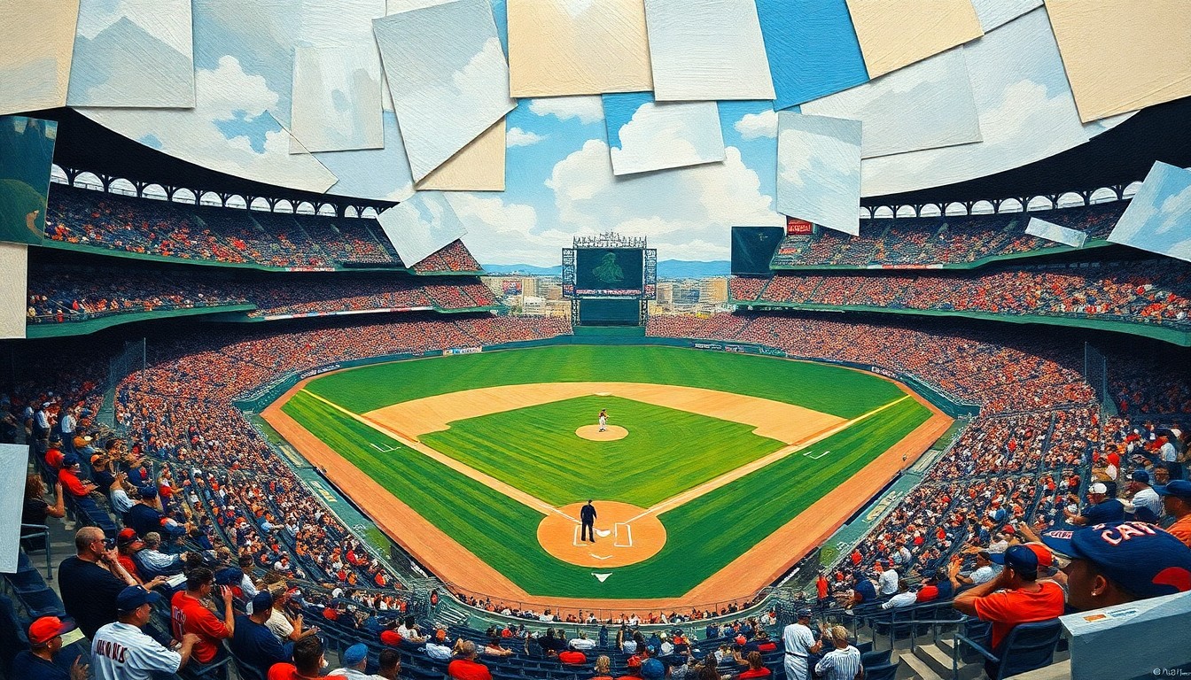 A cubist, geometric painting depicting a baseball game, with players and the field broken down into sharp, overlapping planes of color and shape, capturing the dynamic energy and international spirit of the World Baseball Classic.