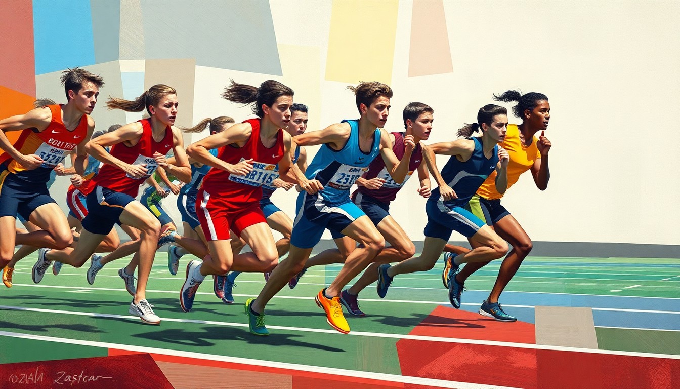 A cubist, geometric painting depicting the dynamic motion and energy of high school track and field runners, with their forms deconstructed into abstract shapes and planes of color.
