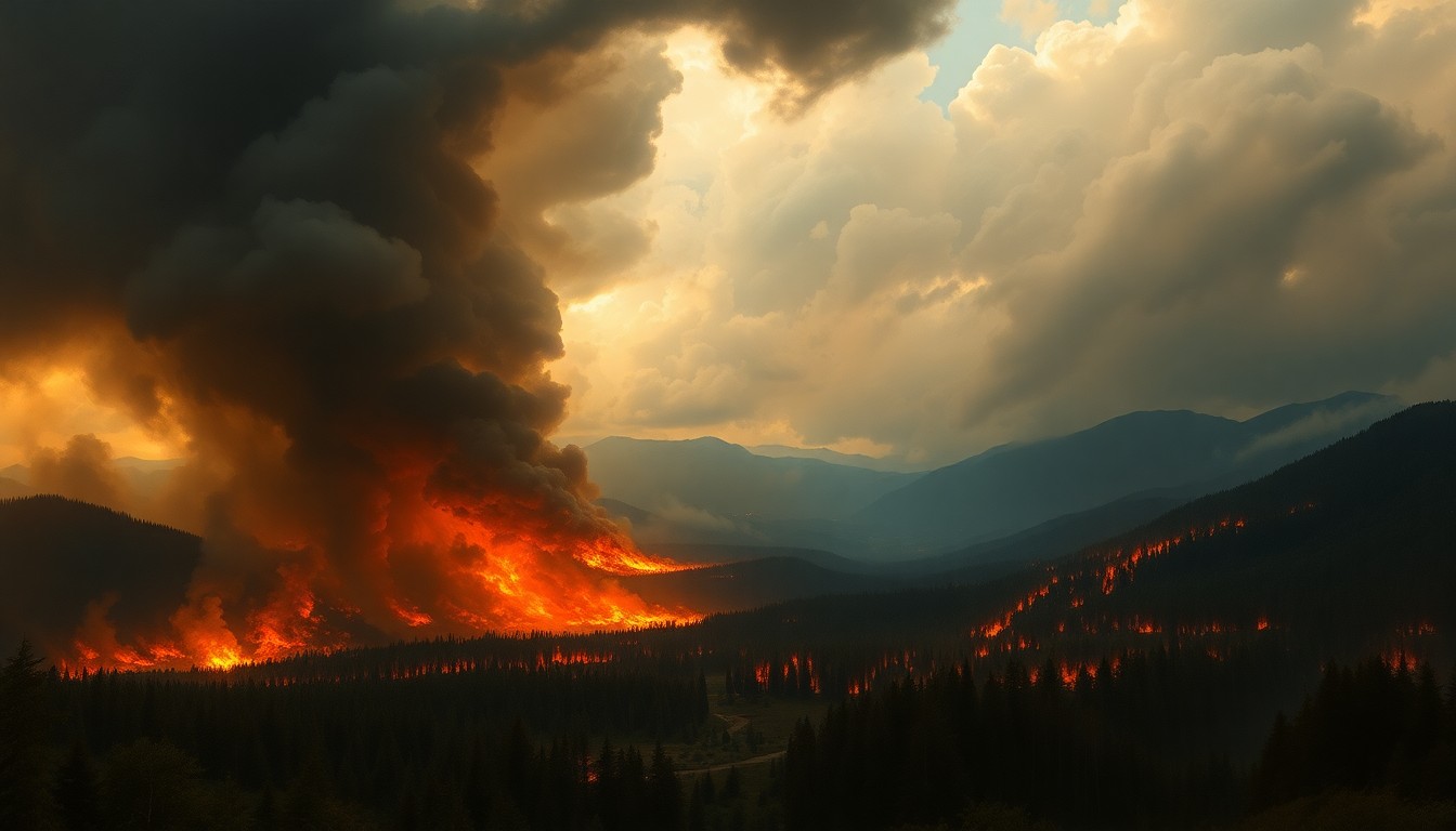 A sweeping, dramatic landscape painting in the style of Caspar David Friedrich, depicting a raging wildfire consuming a dense forest under a heavy, ominous sky, the fire's orange glow and billowing smoke dominating the composition and dwarfing any physical structures or human figures.