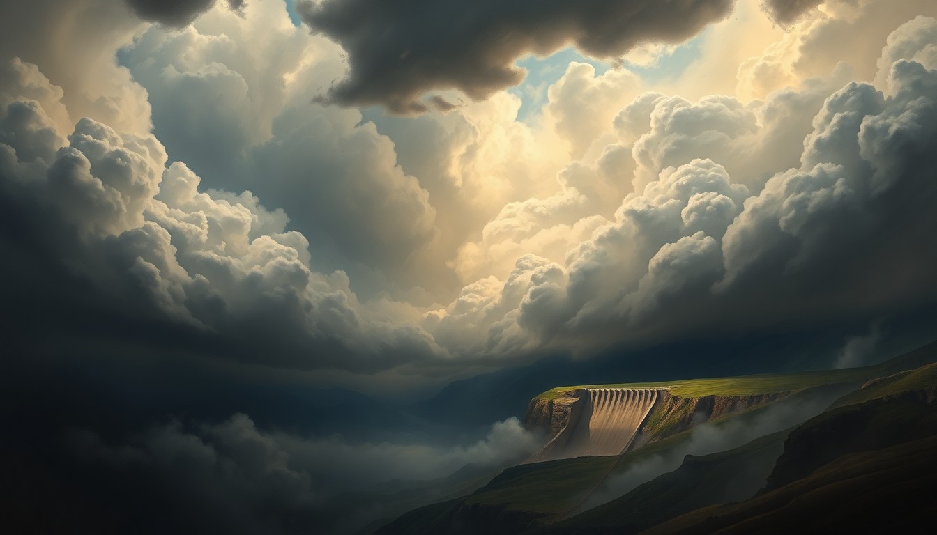 A sweeping, atmospheric landscape painting in muted tones of gray, blue, and green, depicting a small earthen dam dwarfed by a massive, swirling storm system overhead, conveying the overwhelming power of nature and the vulnerability of aging infrastructure.